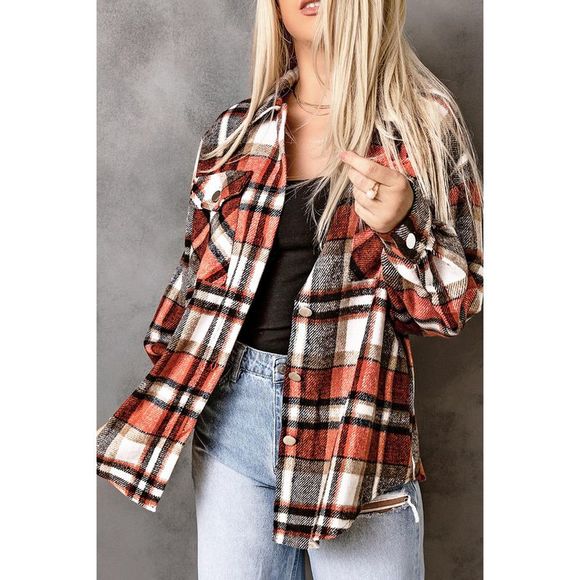 Azura Exchange  Orange Chest Pockets Flannel Plaid Shacket - Picture 4 of 15
